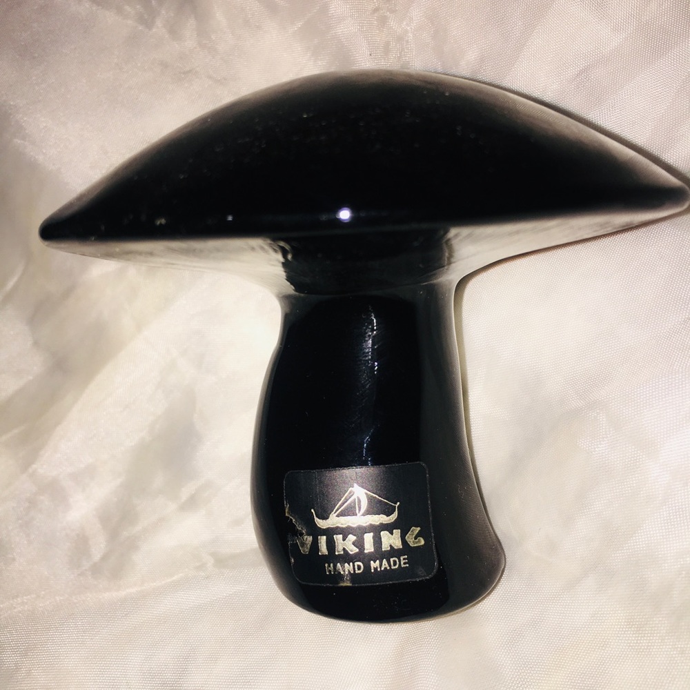 Viking BLACK Art Glass Mushroom; original sticker intact.